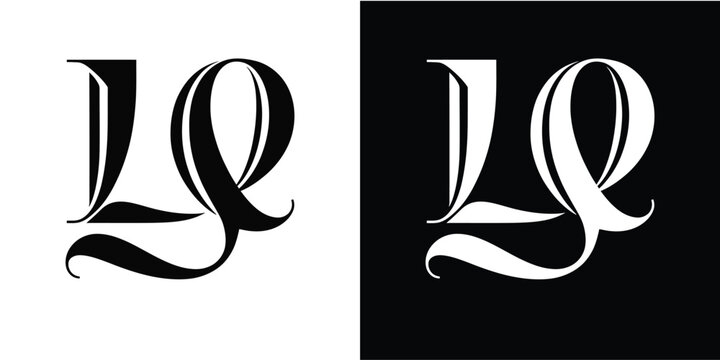 Elegant black and white calligraphy of the letters lq in ornate designs