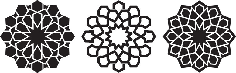 Set of three black islamic geometric star patterns, isolated on white background © Mobasshara