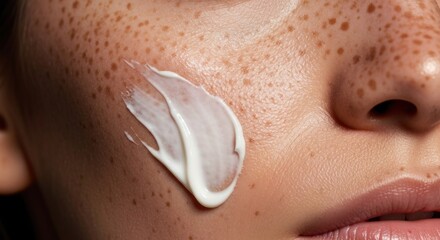 Close-up of face applying white cream; freckled skin in focus