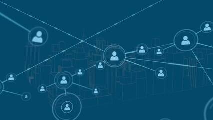 Animation of network of connections with people icons over 3d cityscape spinning - Powered by Adobe