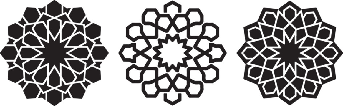 Set of three black islamic geometric star patterns, isolated on white background