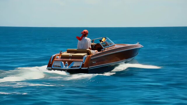 Cinematic tracking shot behind a vintage wooden speed boat cruising through deep blue waters, a person with a silk headscarf looking at the horizon, 8k.