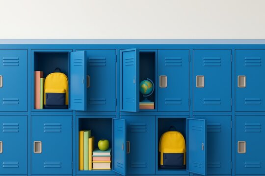 Blue school lockers with open doors showing books, backpacks, a globe, and an apple, representing education and science concept in a clean layout. Ai generative