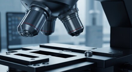 Close-up of a scientific microscope with lenses focused on a slide