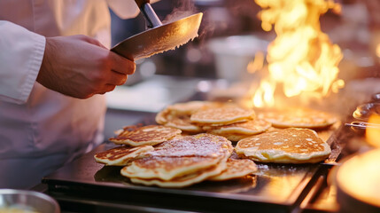Chef cooking pancakes on a fiery grill, with flames illuminating golden batter in a professional kitchen setting, showcasing culinary expertise and dramatic food preparation