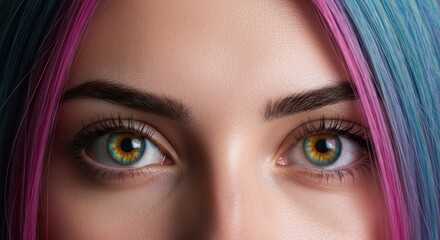 Close-up of a person's vibrant, colorful eyes with multicolored hair