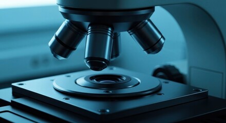 Close-up of a scientific microscope with objective lenses and a specimen stage