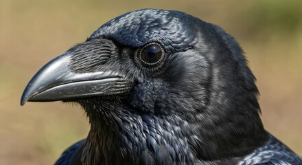 Obraz premium Close-up of a raven's head; iridescent black plumage and sharp beak stand out