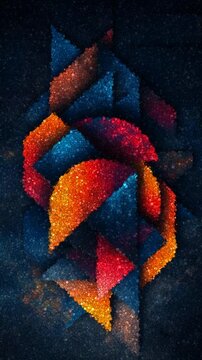 Dynamic Geometric Composition Featuring Textured Triangles and Circles With Deep Blue and Red Tones, Made of Cubes
