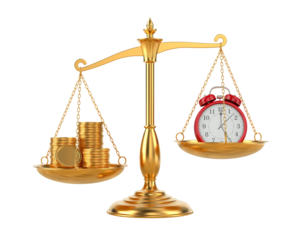 Red alarm clock and money on scale. Isolated 3D illustration on white background