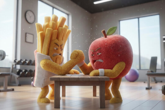Cute cartoon apple and french fries characters arm wrestling in a gym, adorable healthy vs unhealthy food competition concept, 3D render
