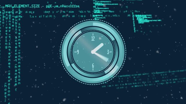 Animation of clock and snow falling over data processing on black background