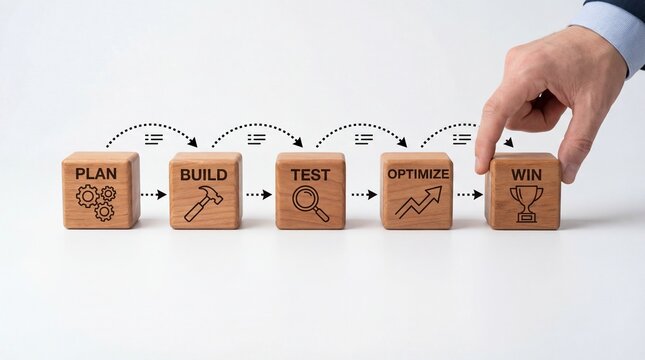 Wooden Blocks Illustrating Business Process with Hand Placing Last Block.