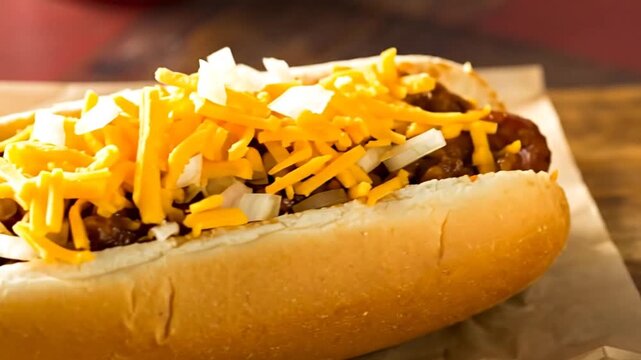 A close-up shot of a chili dog, topped with shredded cheese and onions, on a wooden surface
