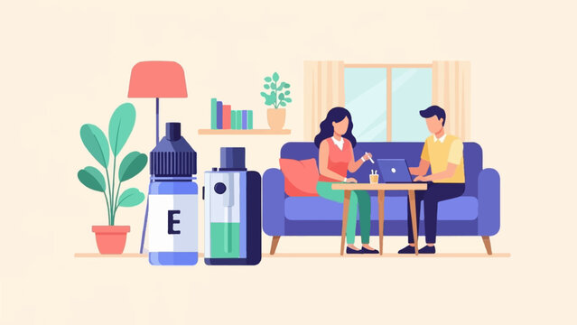 People working on laptops in a living room with vape products