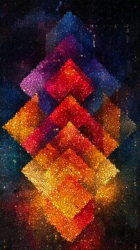 Complex Geometric Pattern of Overlapping Translucent Diamonds With Vibrant Orange and Purple Hues, Made of Cubes
