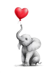 Elephant sitting on a heart holding a balloon with its trunk