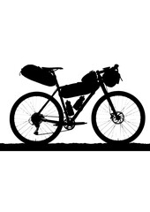 Obraz premium Gravel Biking Adventure Silhouette, Bikepacking Expedition on Rocky Terrain, Off-Road Cycling Lifestyle and Outdoor Fitness Vector