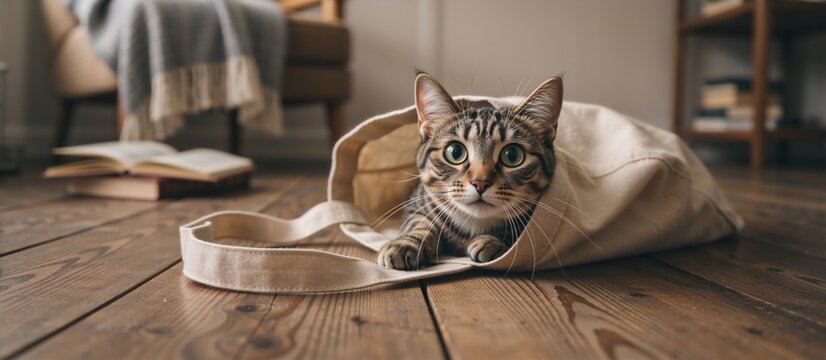 Curious tabby cat peeking out of a beige canvas tote bag on a wooden floor. Cute pet hiding inside a reusable shopper bag in a cozy living room