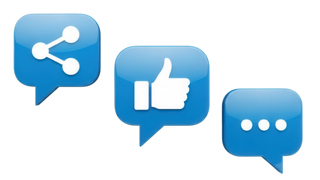 Blue speech bubbles with share, like, and comment icons isolated PNG, social media communication elements on transparent background - Powered by Adobe