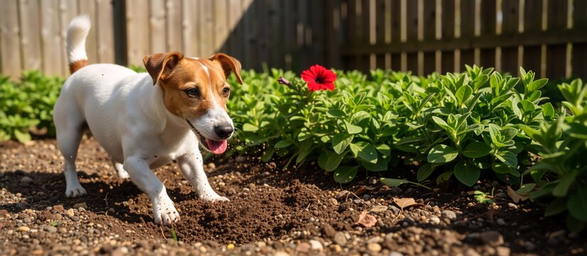 Energetic Jack Russell Terrier digging a hole in garden soil. Playful dog active in backyard flower bed. Pet behavior and gardening mischief concept