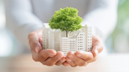 Sustainable City Concept: Hands Holding Miniature Buildings with Tree, Promoting Eco-Friendly Urban Development