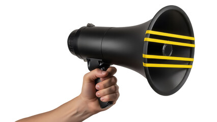 Black megaphone held in hand isolated PNG, bullhorn with yellow stripes on transparent background for announcements and communication
