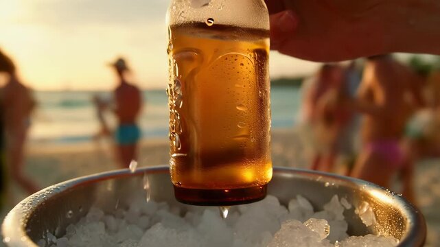 Macro shot of a cold beer bottle being pulled out of an ice bucket, ice shards clinging to the glass, condensation, beach party atmosphere.