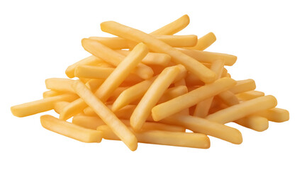 Pile of golden French fries isolated PNG on transparent background, crispy potato sticks for fast...