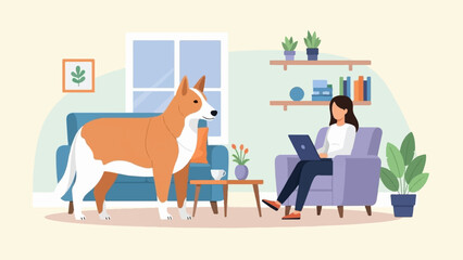 Person working on laptop in living room with dog and plants