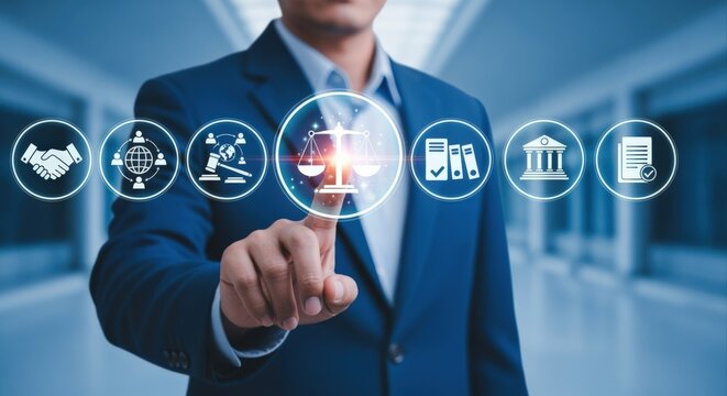 Businessman Utilizing a Touchscreen Interface Displaying Legal, Ethical, and Compliance Icons for Governance and Regulatory Solutions