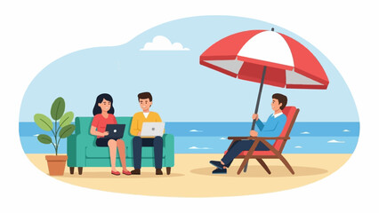 Fototapeta premium People working on laptops on beach under umbrella and near plant