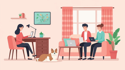 Naklejka na ściany i meble People working on laptops in a cozy home setting with a dog