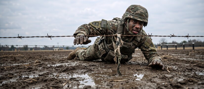 A determined soldier crawling under barbed wire in the mud. African American army man on a military obstacle course during a training exercise