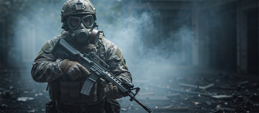 Soldier in a gas mask holding a rifle in a smoky warzone. Military special forces operator in full tactical combat gear