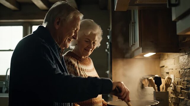A happy senior couple shares a warm moment stirring a pot in their cozy kitchen, embodying domestic bliss and togetherness. Perfect for themes of fami