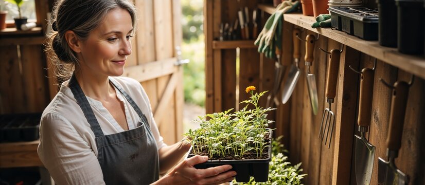 Woman holding marigold seedlings in a rustic garden shed. Mature female gardener tending to young plants. Hobby and growth concept