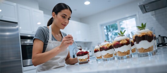 Woman layering homemade desserts in glass cups in a modern kitchen. Preparing sweet fruit and chocolate treats