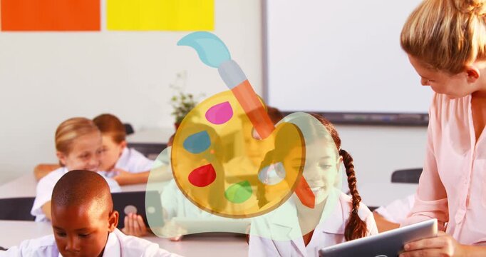 Animation of school icons over diverse schoolchildren with teacher