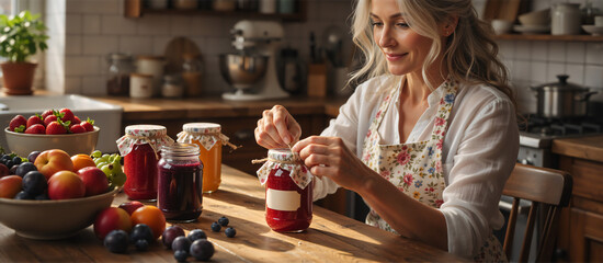 Woman wrapping homemade jam jars in a rustic kitchen. Preserving fresh fruit for healthy eating. Traditional home canning process