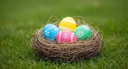 Obraz premium Colorful Easter eggs in a wicker basket on green grass
