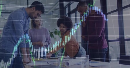 Financial data processing over group of diverse office colleagues discussing at office - Powered by Adobe