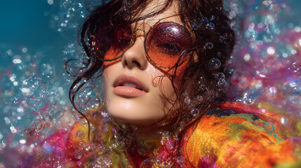 Opera Style Dynamic Action The model in motion surrounded by swirling bubbles and vibrant