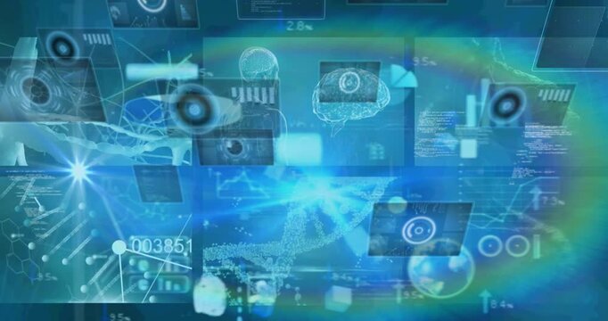 Animation of biological data processing on blue digital screens