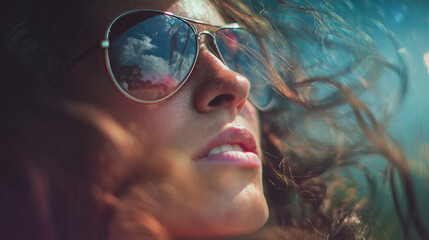 View Style Portrait Focus Close-up on the models face and sunglasses detailed reflection