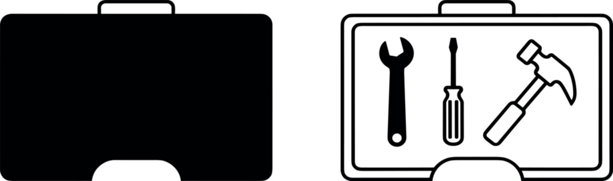  Toolbox Icon Set with Closed Briefcase and Open Toolkit Showing Wrench Screwdriver Hammer for Repair, Maintenance, Construction, DIY, Mechanic, Workshop, and Handyman Designs
