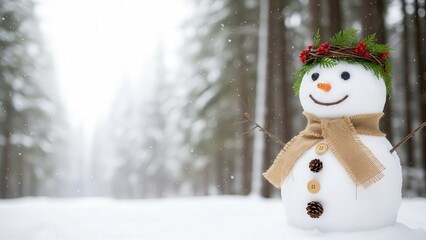 Artisan Snowman with Cedar Crown and Pinecones in a Dreamy Winter Forest Glade with Copy Space