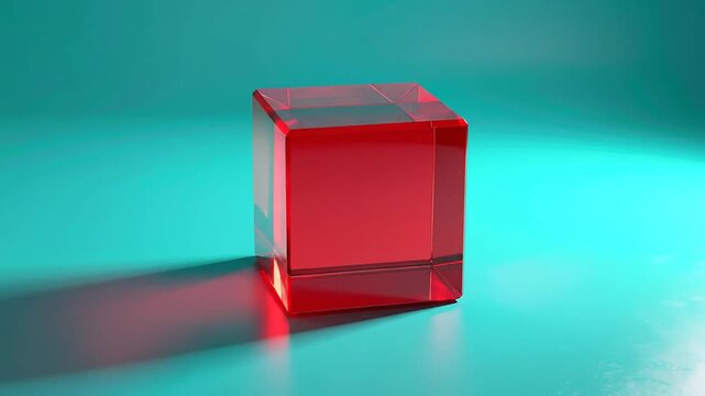 A vibrant, semi-transparent red cube casts a long, sharp shadow on a turquoise gradient backdrop