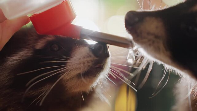 two raccoons sharing bottle closeup playful sibling kits nuzzle and tussle around metal nipple while sunlight rimlights whiskers, candid shelter scene balancing cooperation and rivalry, tongues