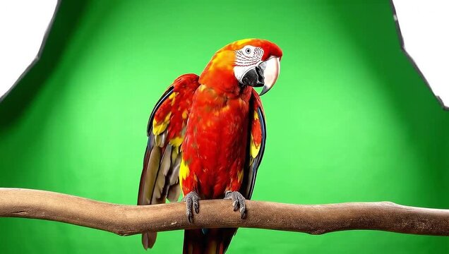 A vibrant red parrot perches on a branch, showcasing its bright plumage and strong beak in a studio setting with a green backdrop.